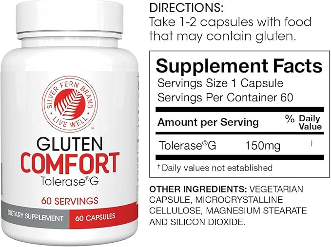 Silver Fern Gluten Comfort with Tolerase G - 2 Bottles - 60 Capsules Each - Digestive Enzyme Made Specifically to Break Down and Digest Gluten Protein