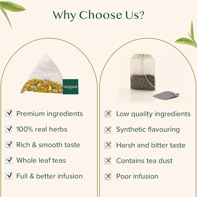 VAHDAM Turmeric Moringa Tea Bags (100 Herbal Tea Bags) Caffeine Free Non GMO | 100% Pure Herbal Blend - Sweet &amp Earthy | Resealable Ziplock Pouch