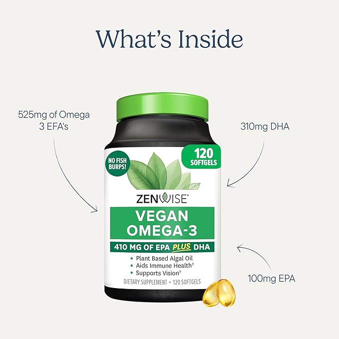 Zenwise Health Vegan Omega 3 Supplement - Burpless Omega 3 Supplement with DHA EPA &amp DPA Fatty Acids for Immune Health - Fish Oil Alternative from Sustainably Sourced Marine Algae Oil - 120 Softg