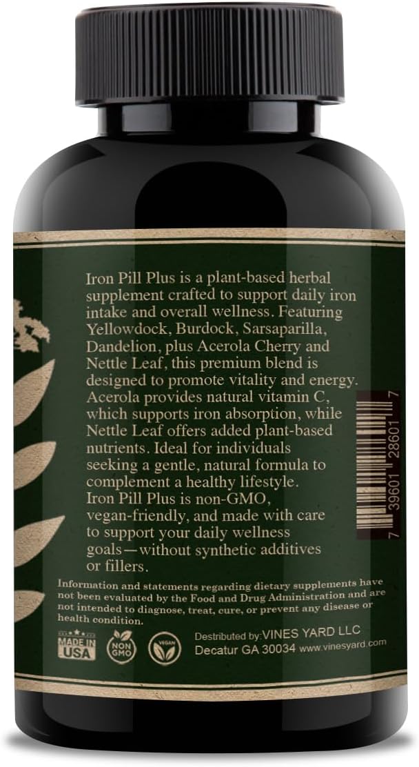 Iron Pill Plus – Herbal Iron Supplement with Yellow Dock Burdock Root Sarsaparilla Dandelion Acerola Nette Leaf | Plant-Based Blood Builder &amp Energy Support | 100% Natural | 100 Veg Capsules