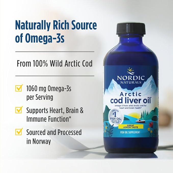 Nordic Naturals Arctic Cod Liver Oil Lemon - 8 oz - 1060 mg Total Omega-3s with EPA &amp DHA - Heart &amp Brain Health Healthy Immunity Overall Wellness - Non-GMO - 48 Servings