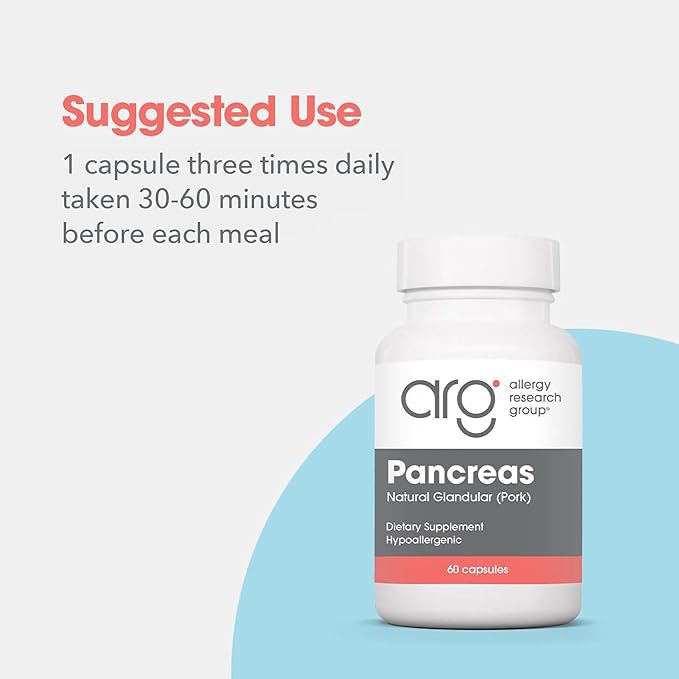 Allergy Research Group ARG Pancreas Natural Glandular - Supports Healthy Pancreas Immune &amp Digestive Activity - 425 mg per Serving - Freeze Dried Tissue from Pork - 60 Servings - 60 Capsules