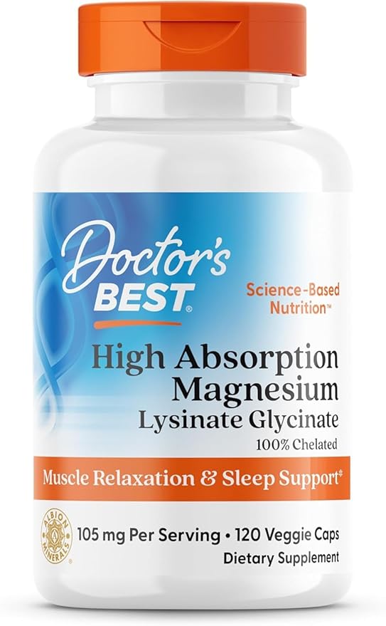 Doctor's Best High Absorption Magnesium Glycinate Lysinate 100% Chelated Non-GMO Vegan 120 Veggie Capsule (Pack of 1)