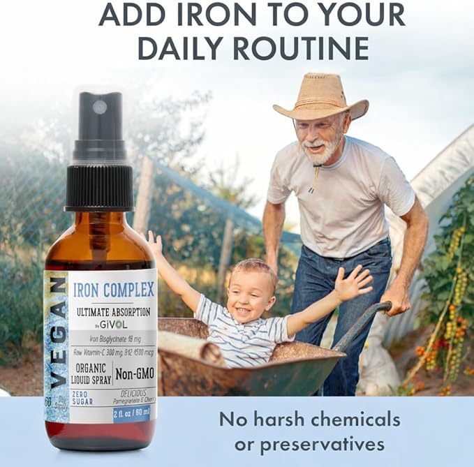 Iron Supplement - 18mg Bisglycinate Complex with Vitamin C &amp B12 Liquid Spray Easy Absorption - Non-GMO Sugar-Free 2 Fl Oz (60 ml) - 60 Days Supply