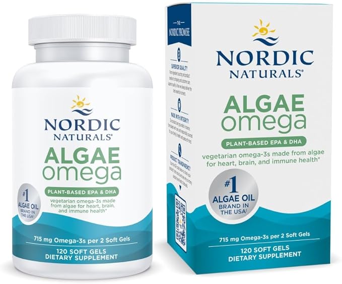 Nordic Naturals Algae Omega - 120 Soft Gels - 715 mg Omega-3 - Certified Vegan Algae Oil - Plant-Based EPA &amp DHA - Heart Eye Immune &amp Brain Health - Non-GMO - 60 Servings