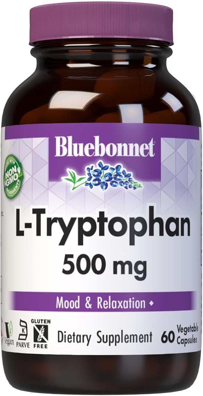 Bluebonnet Nutrition L-Trypotophan 500mg for Neurotransmitting Support* Supports Positive Mood* Soy-Free Gluten-Free Non-GMO Kosher Certified Vegan White 60 Vegetable Capsules 60 Servings