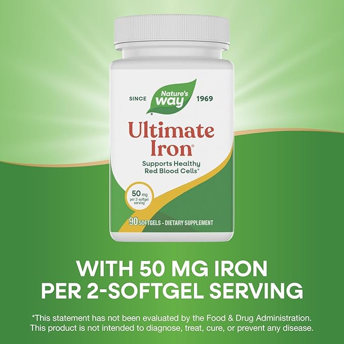 Nature’s Way Ultimate Iron Supports Healthy Red Blood Cells* Supports Cellular Energy Production* 50 mg per 2-Softgel Serving Gluten-Free 90 Softgels (Packaging May Vary)