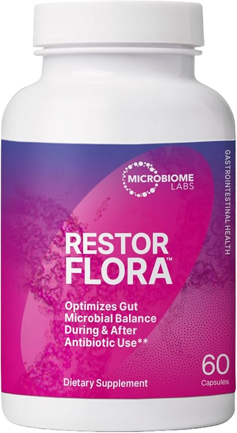 Microbiome Labs Restorflora Probiotics for Digestive Health - Gut Health Supplements with Dual Action Probiotics for Women &amp Men - Support Bowel Regularity &amp Immune Function (60 Capsules)