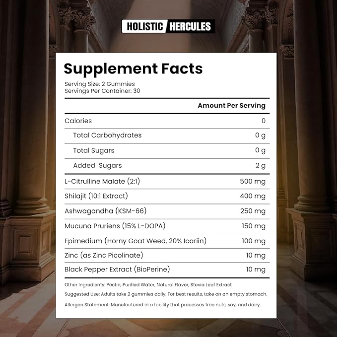 Holistic Hercules Himalayan Gold Shilajit Gummies with Ashwagandha Black Maca Tongkat Ali Panax Ginseng Mucuna | 100% Natural Organic | Vegan Non-GMO Sugar-Free (30)