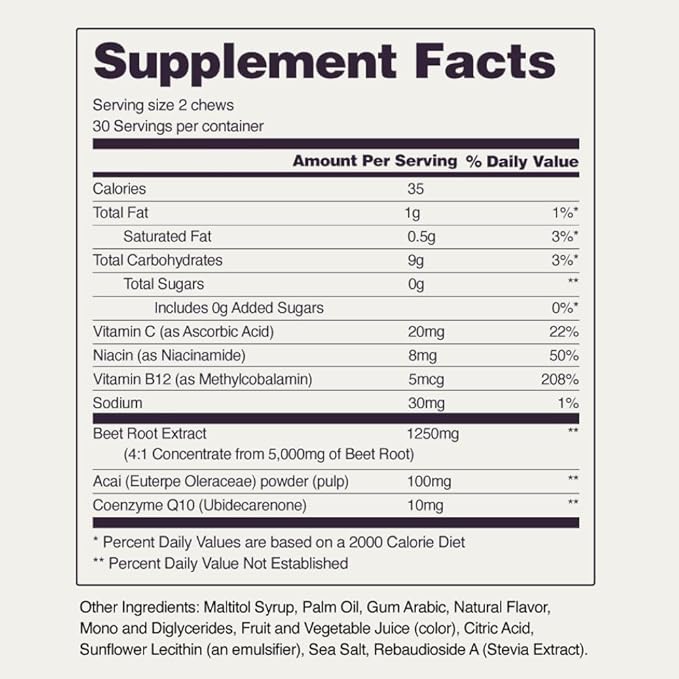 Snap Supplements Heart Beets Beet Root Soft Chews Cardiovascular Support Supplement for Men &amp Women CoQ10 &amp Acai Energy &amp Circulation Support Sugar Free Mixed Berry 60 Soft Chews