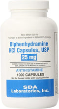 SDA LABORATORIES Diphenhydramine HCI Antihistamine 25 mg Capsules for Multi-Symptom Allergy Relief Sleep Support and Cold Symptoms 1000 Count (1 Bottle)