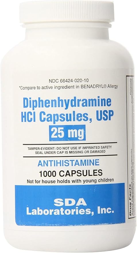 SDA LABORATORIES Diphenhydramine HCI Antihistamine 25 mg Capsules for Multi-Symptom Allergy Relief Sleep Support and Cold Symptoms 1000 Count (1 Bottle)