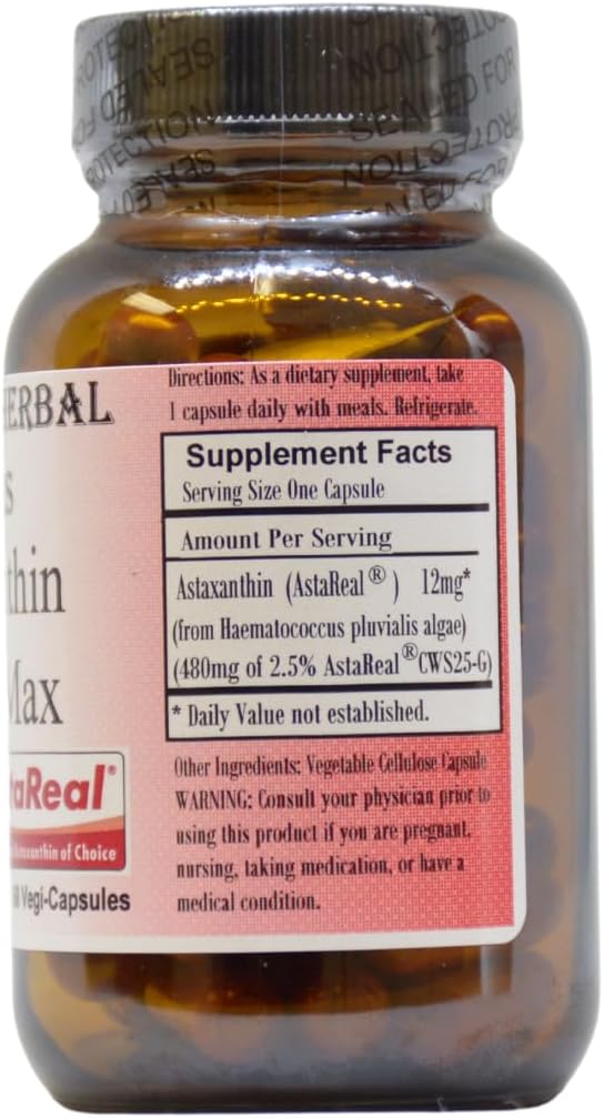 Barlowe's Herbal Elixirs Astaxanthin Supplements | AstaReal Astaxanthin Vegan Max 12mg | 60 Veggie Capsules | Astaxantina