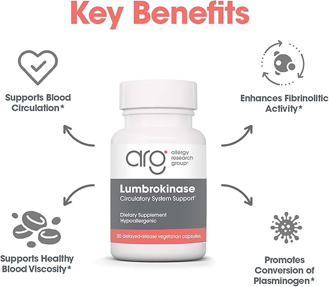 Allergy Research Group ARG Lumbrokinase - 32 mg Lumbrokinase - Circulatory System Support - Delayed-Release Capsules - Gluten-Free &amp Non-GMO - 15 Servings - 30 Capsules