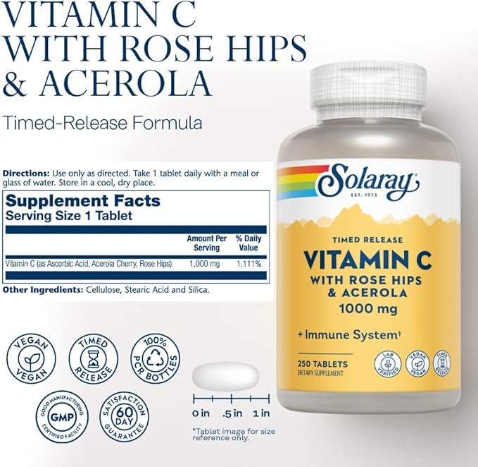 SOLARAY Vitamin C w/Rose HIPS &amp Acerola | 1000mg | Two-Stage Timed-Release Healthy Immune Function Skin Hair &amp Nails Support | Non-GMO | 250ct