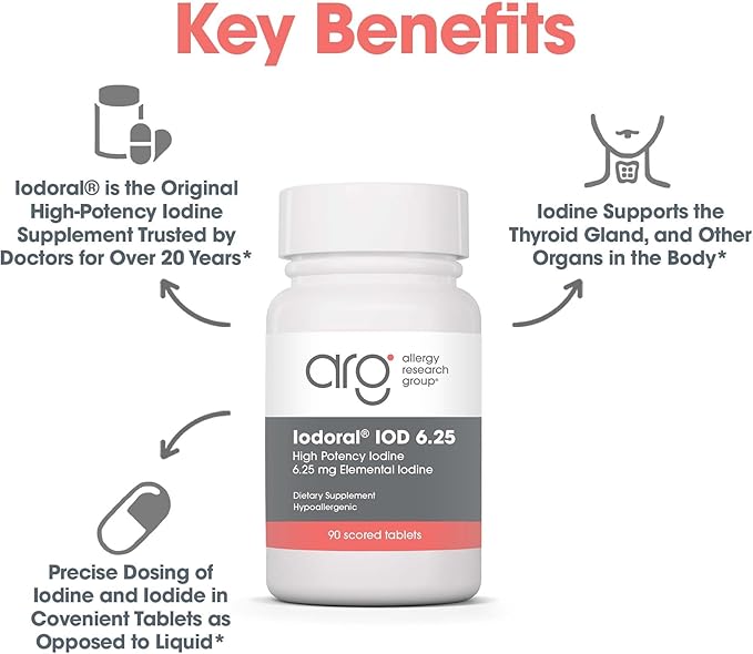 ARG Optimox Iodoral 6.25 mg - Iodine &amp Potassium Iodide Supplement for Thyroid &amp Metabolic Balance Support - Free of Soy &amp Gluten - 90 Servings - 90 Tablets