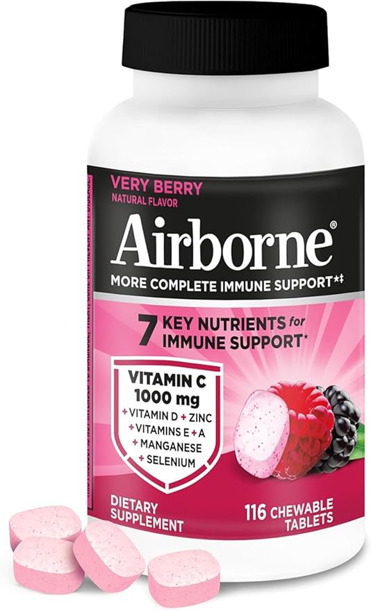 Airborne 1000mg Vitamin C + Zinc Immune Support Supplement Chewable Tablets Powerful Antioxidants Vitamins A C &amp E 116 Chewable Tablets Very Berry Flavor (2 Pack)