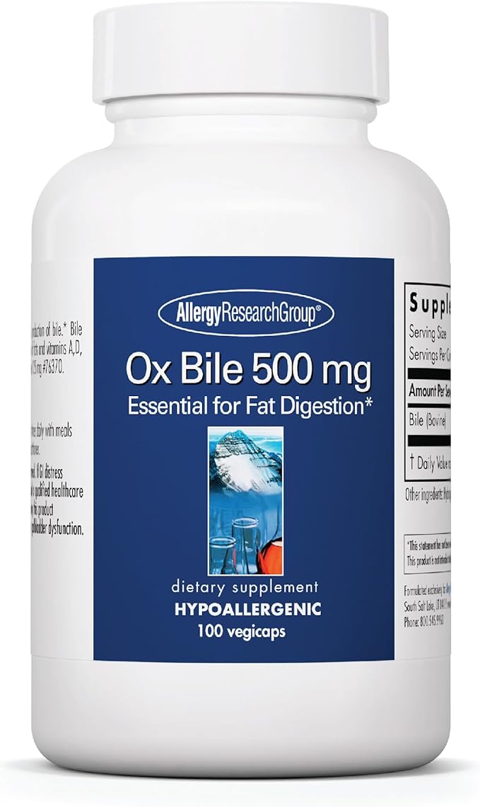 ARG Ox Bile 500 mg - Supports Fat Digestion - Delivers 500 mg Concentrated Bile Salts per Serving - Hypoallergenic &amp Vegetarian - 100 Servings - 100 Capsules