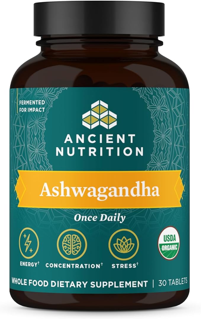 Ancient Nutrition Ashwagandha Tablets Stress Relief Supports Energy Mental Clarity and Concentration Reduces Fatigue and Anxiousness Paleo and Keto Friendly 30 Capsules