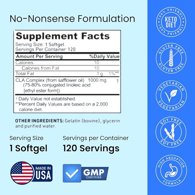 Crazy Muscle CLA 1000mg Conjugated Linoleic Acid Fat Burner for Weight Management &amp Muscle Definition High Potency Keto-Friendly Non-Stimulant CLA Supplement Non-GMO 120 Serving Softgels