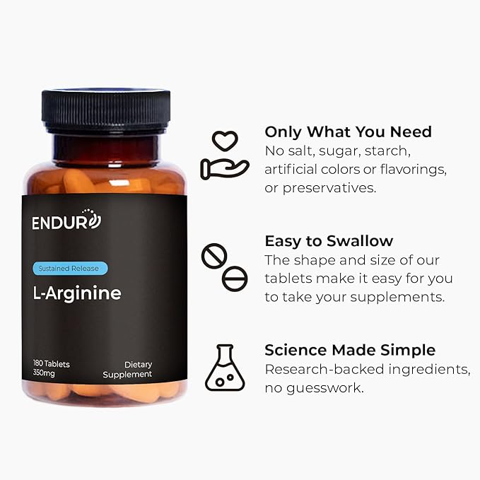 Endurance Products ENDUR - L-Arginine - 350 mg - Blood Flow &amp Heart Function Support - High-Potency - Supports Nitric Oxide Production for Overall Blood Flow &amp Vascular Health - 180 Tablets