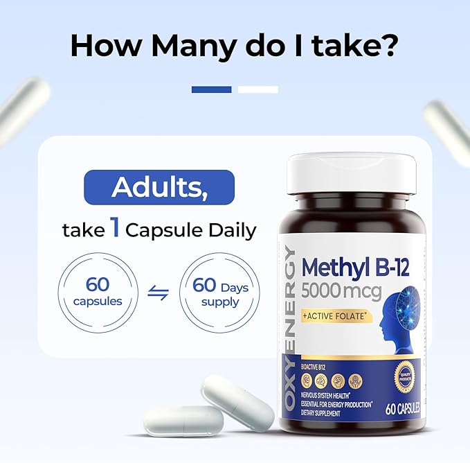 OxyEnergy Methyl Vitamin B12 5000mcg Extra Strength Methylcobalamin B-12 Supplements with Folate Support Nerves Energy Metabolism &amp Cognitive60 Capsules