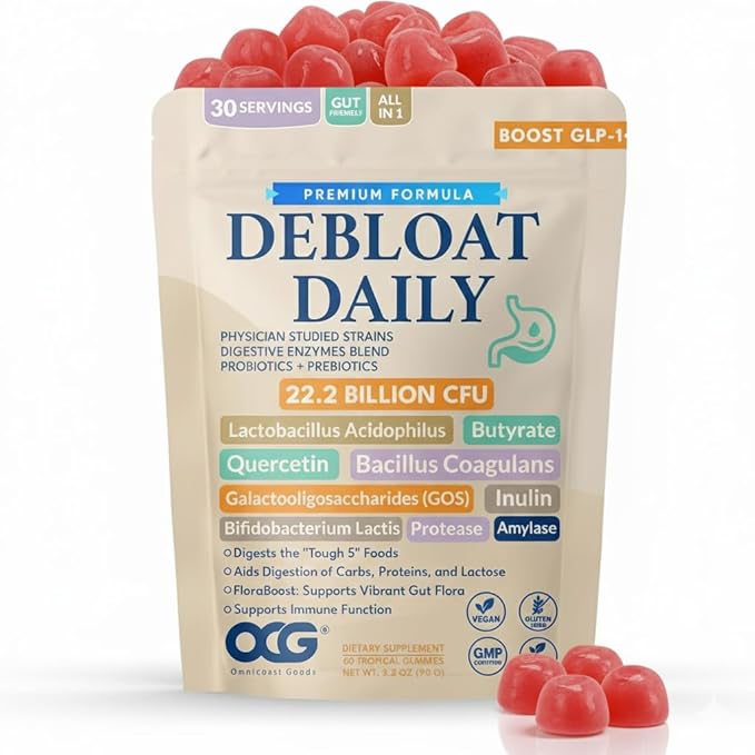 Debloat Daily 3-in-1 Prebiotic Probiotic &amp Digestive Enzyme | Digestive Support | Occasional Bloating &amp Abdominal Discomfort | Turmeric Ginger &amp Quercetin | Gluten Free Non GMO 60 Tropi