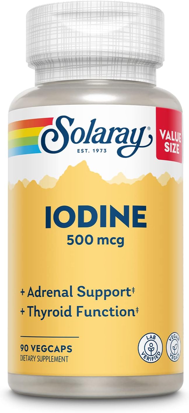 Solaray Iodine 500 mcg Iodine Supplement for Healthy Adrenal and Thyroid Support Energy Metabolism and Focus Potassium Iodide Vegan 60-Day Money-Back Guarantee 90 Servings 90 VegCaps