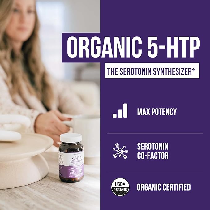 Organic 5-HTP - 200 mg | 99% 5HTP Concentration Plus Cofactor Vitamin B6 &amp Lion’s Mane | Water Extracted from Organic Griffonia Seeds | Supports Mood Cognition &amp Sleep (60 Capsules | 30 Serv