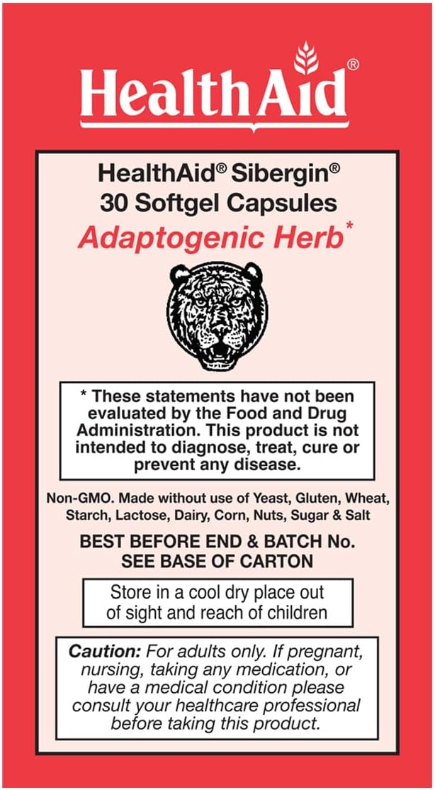 HealthAid Sibergin Siberian Eleuthero 30ct Once Daily Soft Gel Capsules Helps Combat Stress and Fatigue Promotes Stamina and Endurance