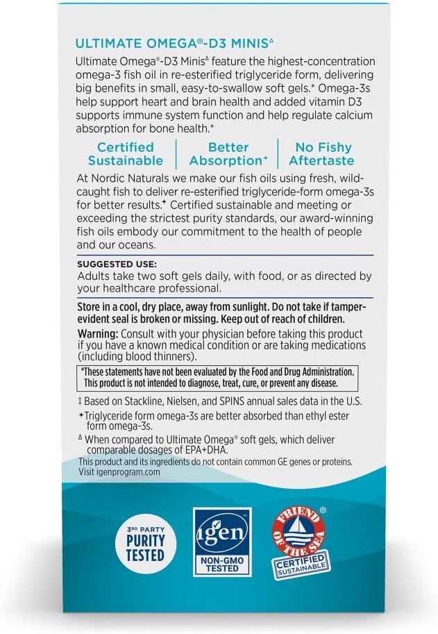 Nordic Naturals Ultimate Omega Mini D3 Lemon Flavor - 60 Mini Soft Gels - 1120 mg Omega-3 + 1000 IU Vitamin D3 - EPA &amp DHA - Promotes Brain &amp Heart Health - 30 Servings