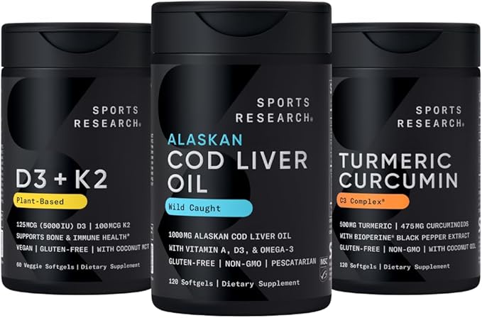 Sports Research® Multivitamins Pack - Omega-3 Wild Alaskan Cod Liver Oil 1000mg + Vitamin D 5000iu &amp Mk7 Vitamin K 100mcg + Turmeric Curcumin C3 Complex