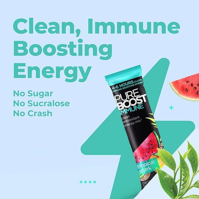 Pureboost Immune Clean Energy Booster Refreshing Energy Drink Mix and Immunity Supplement with Elderberry 1200 mg Vitamin C Vitamins A + D and Zinc. (Tropical Spark 30 Count)