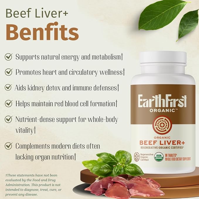 Beef Liver+ – Regenerative Organic Certified Grass-Fed Liver Supplement – Natural Source of Iron Vitamin A &amp B12 – Supports Energy Detox &amp Metabolic Health – 90 Capsules