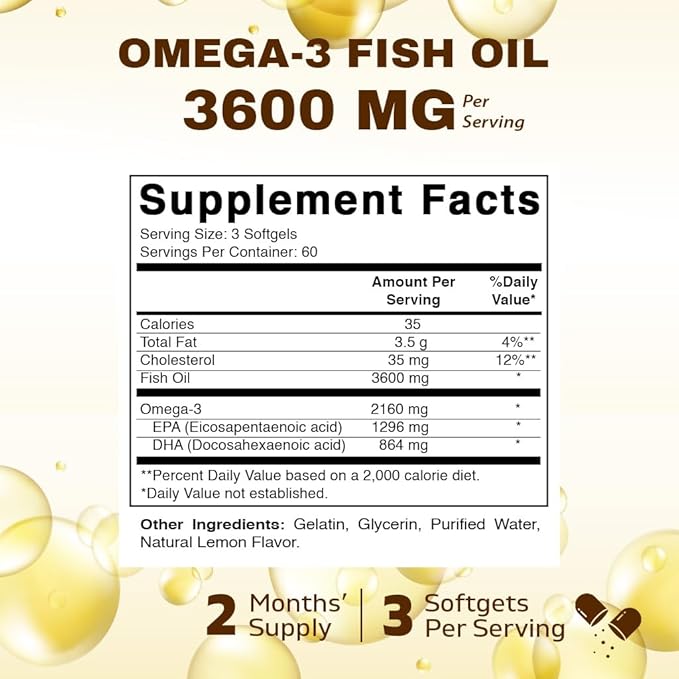 Vitamatic Triple Strength Omega 3 Fish Oil 3600mg Per Serving 2160mg Omega 3 Fatty Acids 1296mg EPA + 864mg DHA Burpless Lemon Flavor 180 Softgels- 2 Pack
