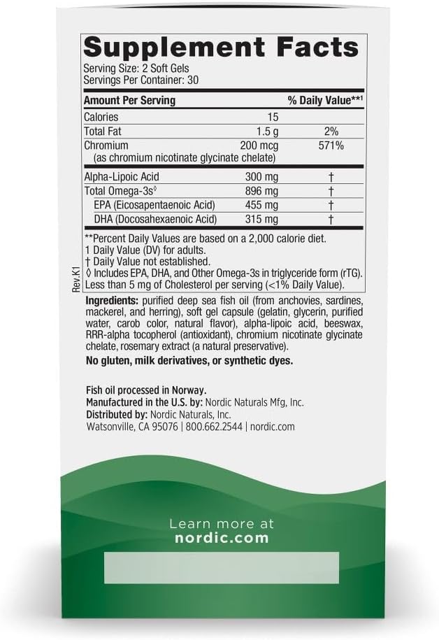 Nordic Naturals Omega Blood Sugar Lemon - 60 Soft Gels - 896 mg Omega-3 + Alpha-Lipoic Acid &amp Chromium - Metabolism - Non-GMO - 30 Servings