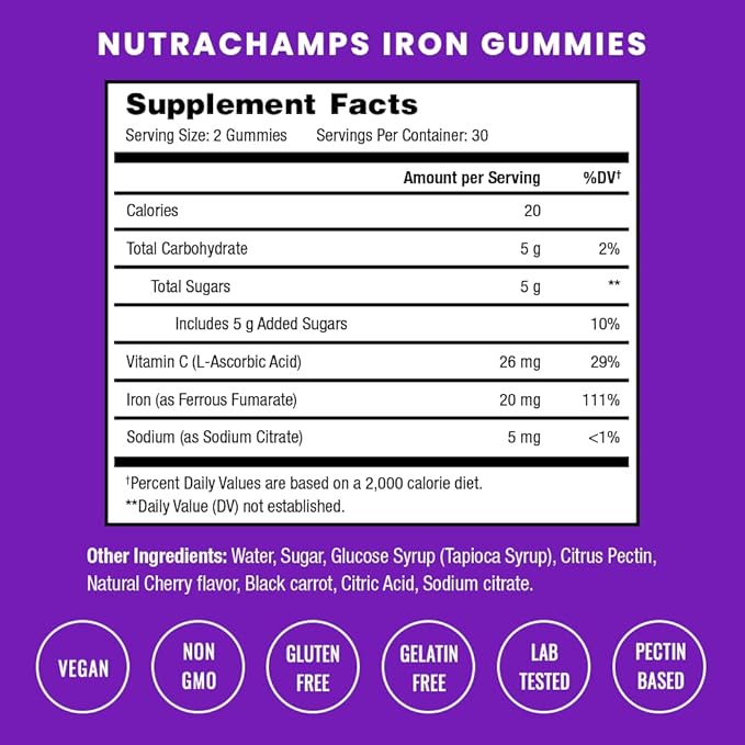 NutraChamps Iron Gummies with Vitamin C 20mg Iron Blood Cell Formation Support 120 Gummies for Iron Deficiency &amp Anemia Energy Focus Immune Boost Pack of 2