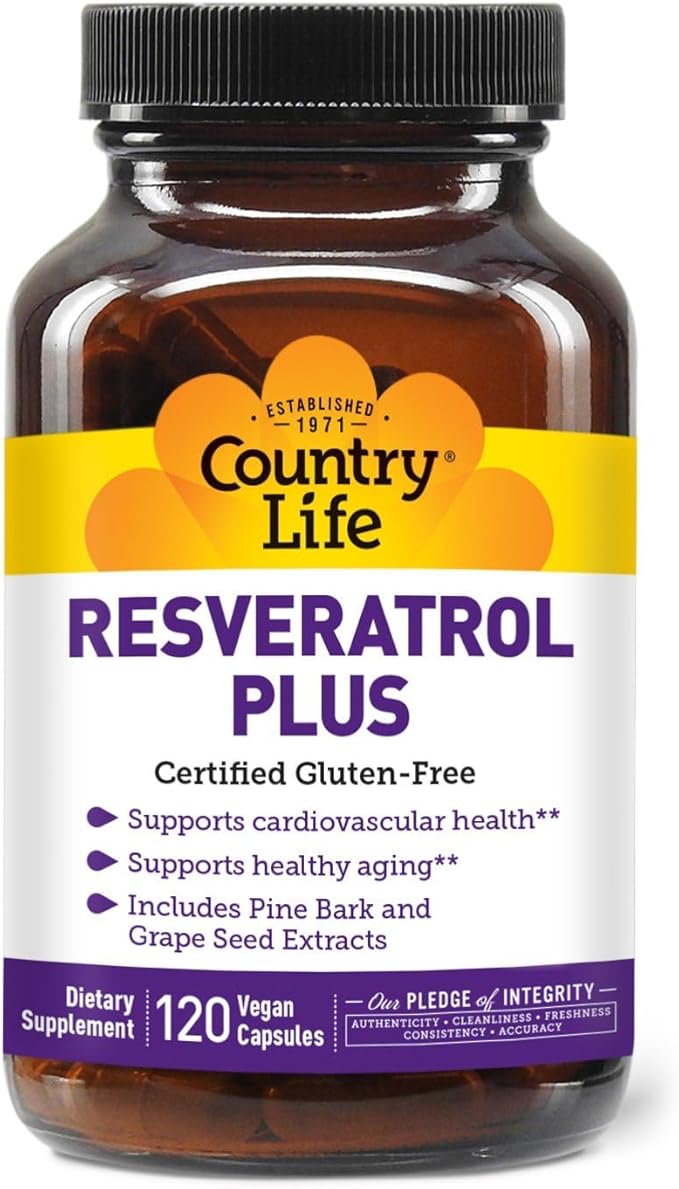 Country Life Resveratrol Plus 1000mg - Organic Antioxidant Supplement with Pine Bark &amp Grape Seed Extracts - Vegan Gluten-Free Non-GMO