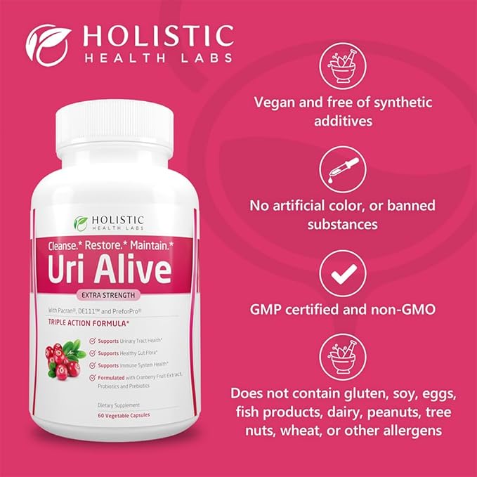 Uri Alive Extra Strength Urinary Support Supplement for Urinary Tract Bladder Gut Flora and Immune System Health (60 Count (Pack of 1))