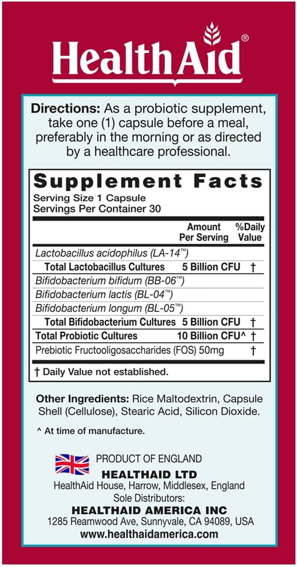 HealthAid DailyProbio – 10 Billion CFU 10 Strain Vegan Probiotic with Prebiotic | Acid &amp Bile Resistant Dairy &amp Gluten Free Non-GMO | Once Daily Digestive Support