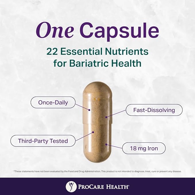 ProCare Health Bariatric Multivitamin with Iron 18mg (30 Easy to Swallow Capsules) - Post Op Bariatric Vitamins for Gastric Bypass Pills - Must Haves for Sleeve Patients (1 Month Supply)