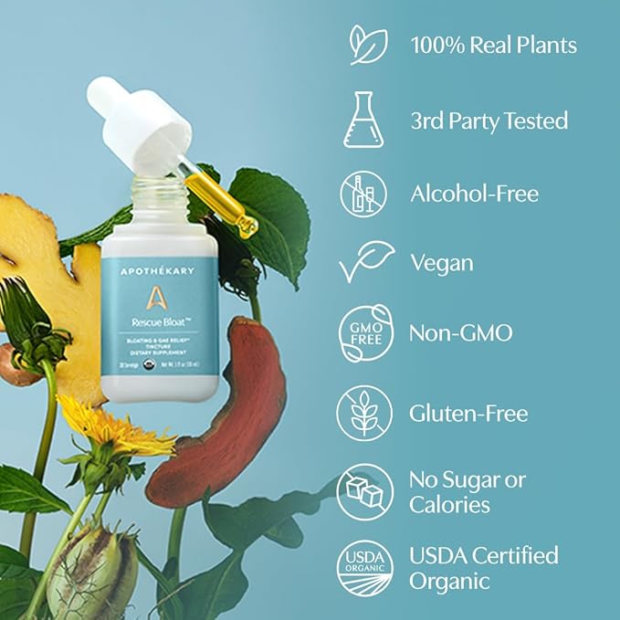 Apothékary Rescue Bloat Fast-Acting Digestive Drops for Occasional Gas and Bloat Relief Herbal Liquid Drops with Peppermint Lemon Balm Dandelion Ginger Turmeric Made in USA 1 fl oz 30 Servings