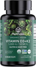 PlantFusion Organic Vegan Vitamin D3 + K2 5000 IU 50MCG – Vitamin D Sourced from Plant Based Lichen and Vitamin K2 for Immune Support and Bone Health - 120 Capsules