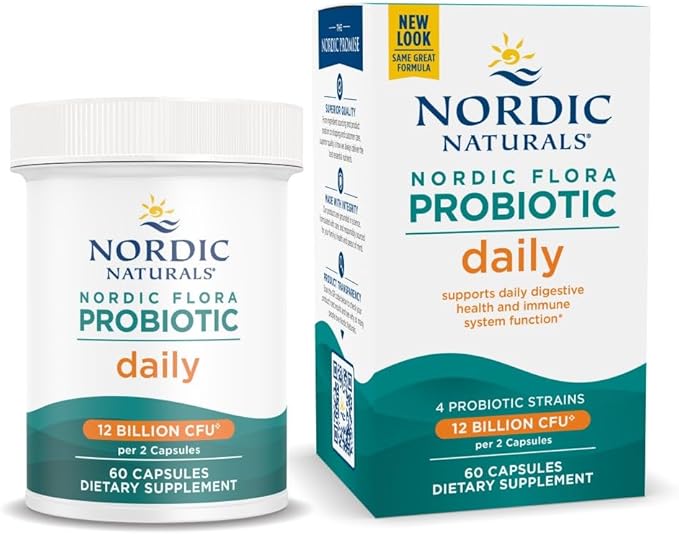 Nordic Naturals Nordic Flora Probiotic Daily - 60 Capsules - 4 Probiotic Strains with 12 Billion Cultures - Optimal Wellness Immune Support Digestive Health - Non-GMO Vegan - 30 Servings