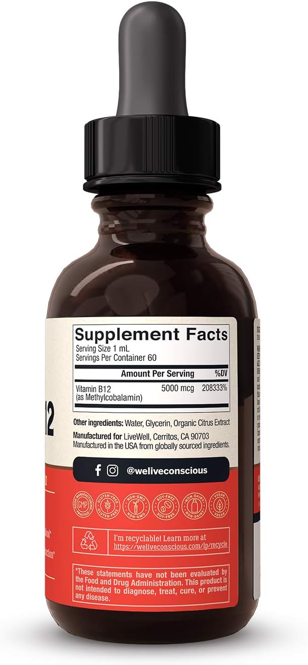 Live Conscious Vegan Vitamin B12 Sublingual Liquid Drops | Methylcobalamin Max Strength B12 5000mcg Formula | Vegan B 12 Vitamin Support Energy | Promote Memory &amp Aid Immune System | 60 Serving