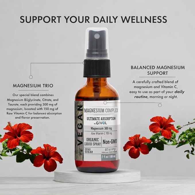 Tri Magnesium Complex - Magnesium Biglycinate Citrate &amp Taurate Liquid Spray 300mg w/Raw Vitamin C for Body Decompression - Hibiscus &amp Pineapple Flavor 2 Fl Oz (60 ml) - 60 Day Supply
