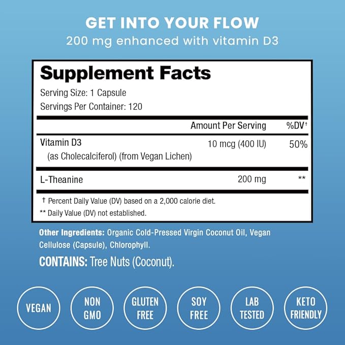 NutraChamps L-Theanine 200mg Capsules Double-Strength L-Theanine Liquid with Vitamin D3 Organic Coconut Oil 120 Vegan Capsules (Pack of 2)