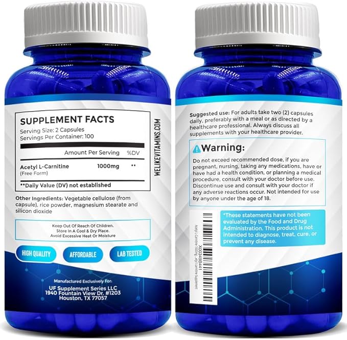 We Like Vitamins Acetyl L-Carnitine 1000mg Capsules - 200 Easy to Swallow Veggie Capsules - Acetyl l Carnitine Supplement Helps Support Focus Brain Function and Energy
