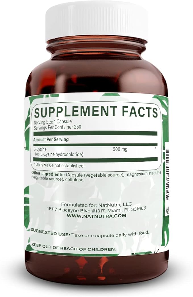 Natural Nutra L Lysine HCl Promotes Bone Health and Growth Support Skin Health Improve Vitamin C Absorption Helps Built Collagen Improve Calcium Absorption Non-GMO Vegan 500 mg 250 Capsules.