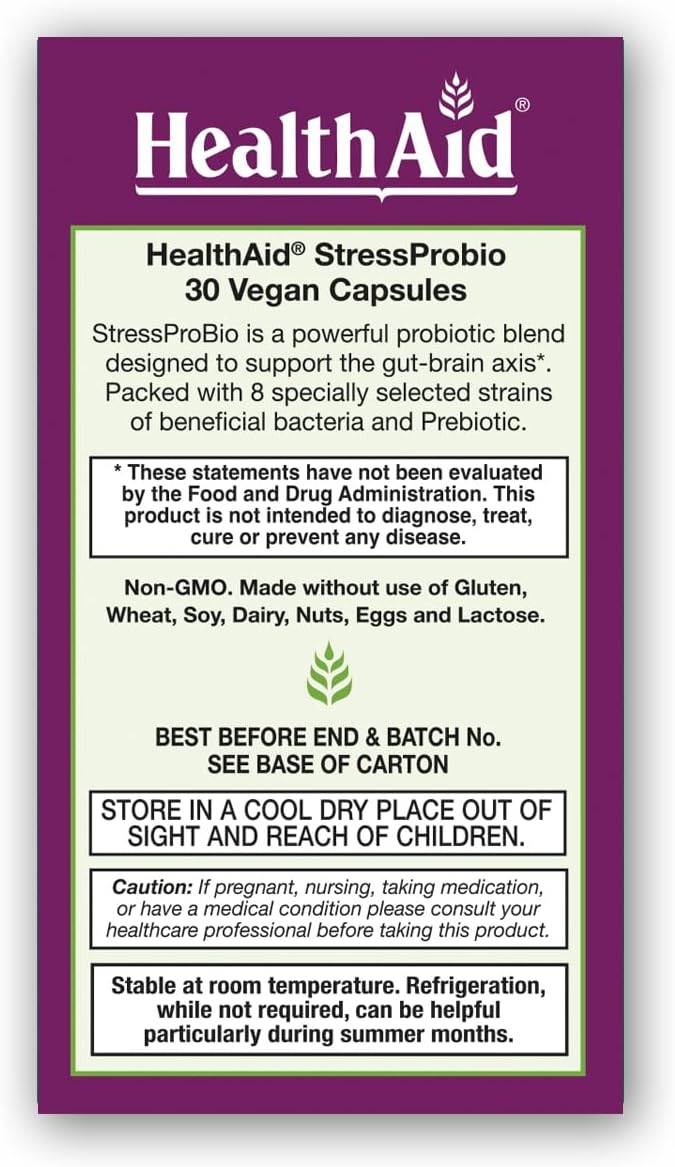 HealthAid StressProbio – Gut-Brain Probiotic Supplement 30 Billion CFU 8 Vegan Strains + Prebiotic 30 Capsules Supports Gut Health &amp Emotional Well-Being*